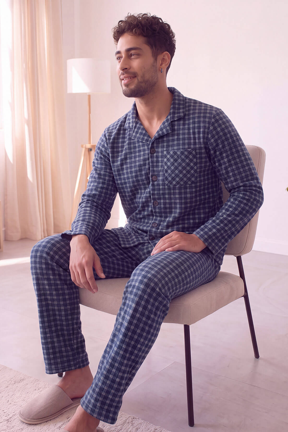 Lacivert Gri Ekose Desenli Önden Düğmeli Elegant Erkek Pijama Takımı - Pijamaevi (1)