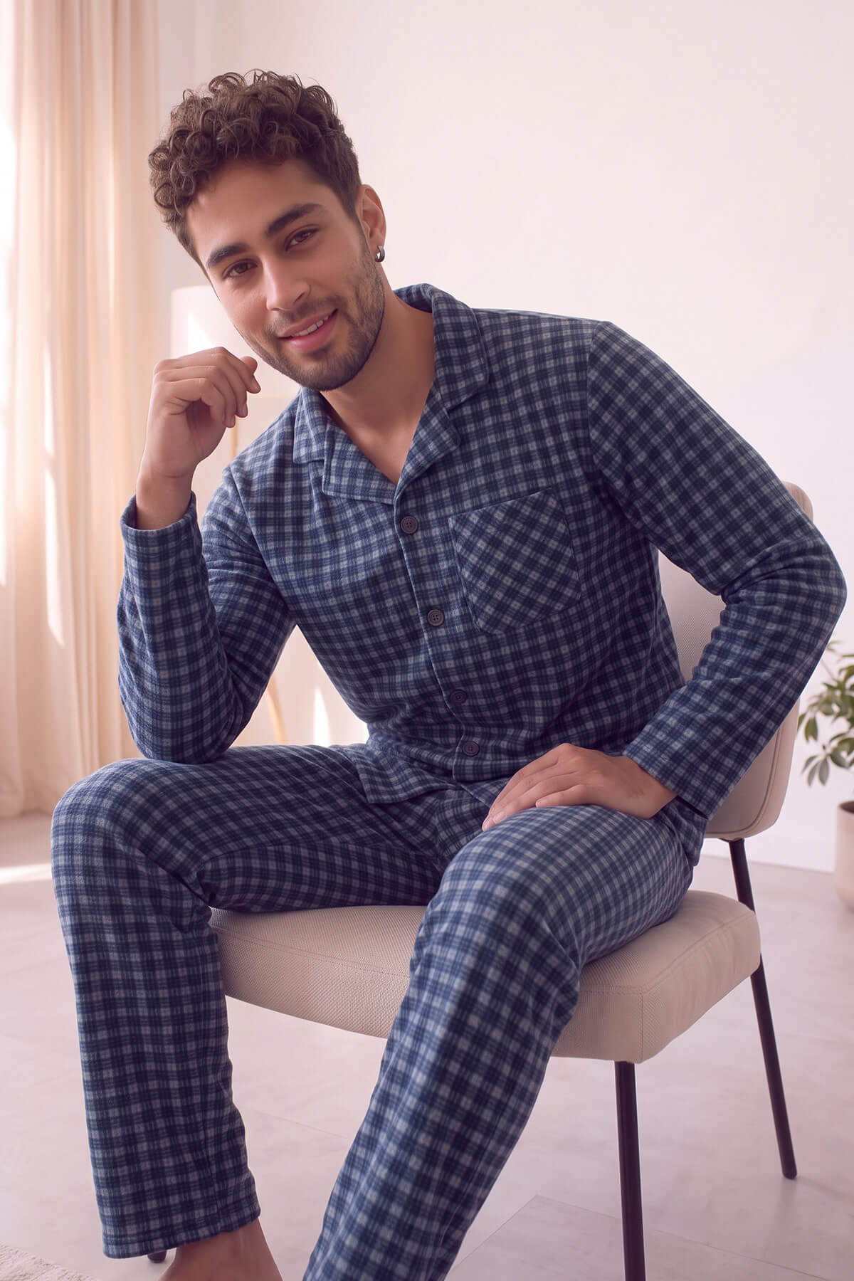 Lacivert Gri Ekose Desenli Önden Düğmeli Elegant Erkek Pijama Takımı - Pijamaevi (2)