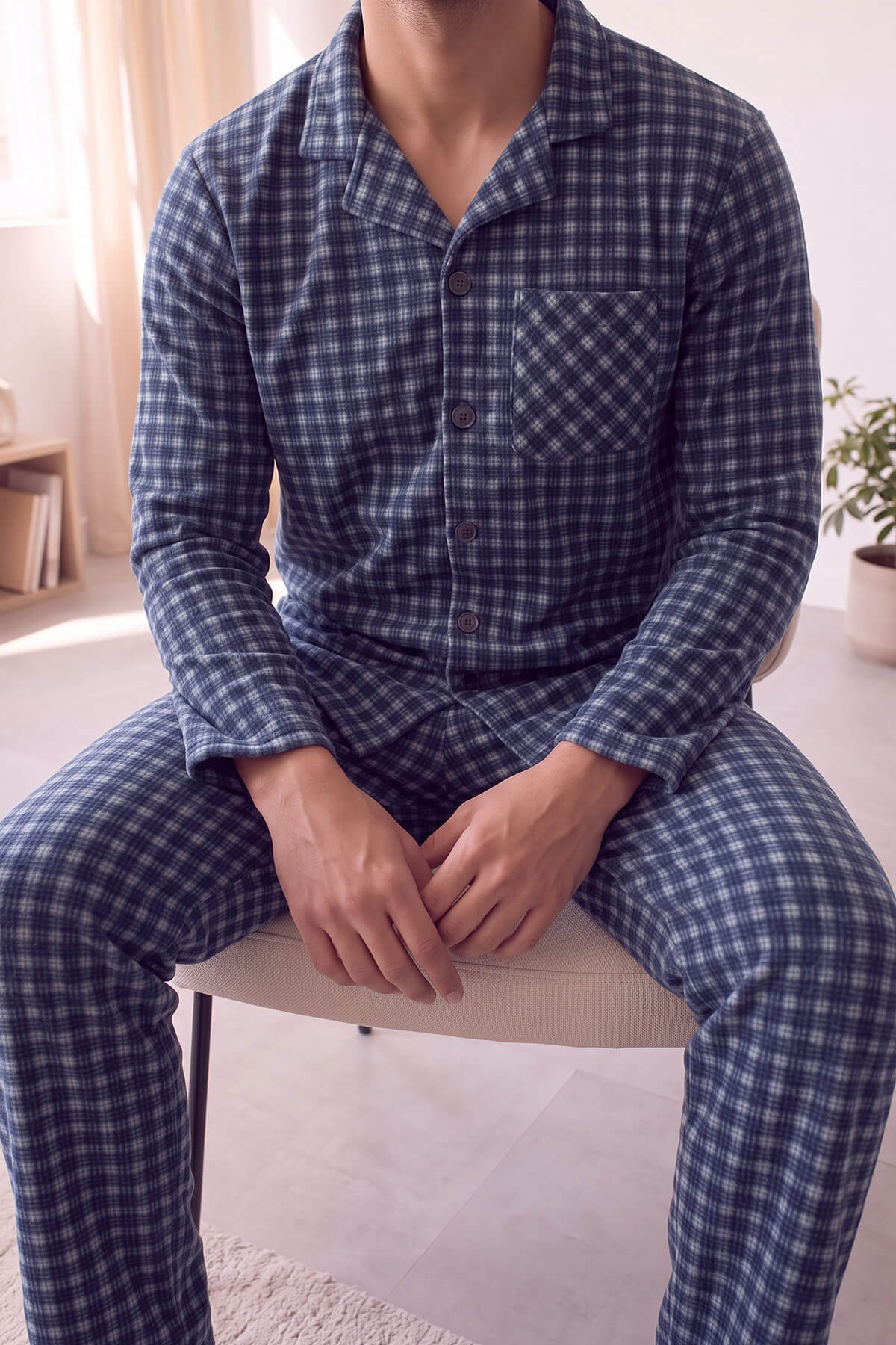 Lacivert Gri Ekose Desenli Önden Düğmeli Elegant Erkek Pijama Takımı - Pijamaevi (3)