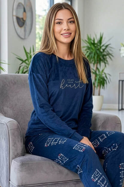 Lacivert Heart Desenli Exclusive Kadife Kadın Pijama Takımı - 6