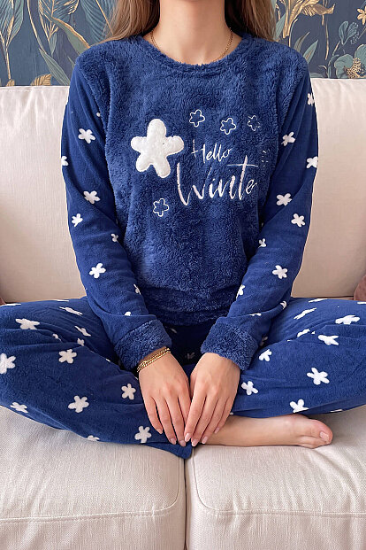 Lacivert Hello Winter Desenli Kadın Peluş Pijama Takımı - 5