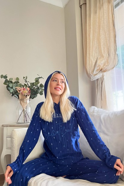 Lacivert Hi Beautiful Desenli Kapşonlu Peluş Polar Pijama Takımı - 2