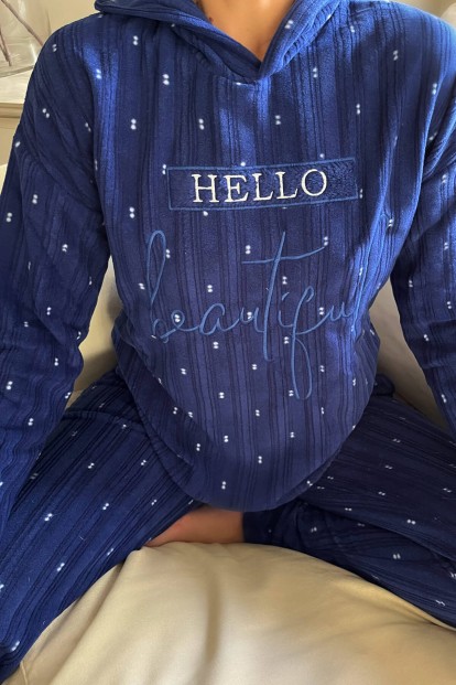 Lacivert Hi Beautiful Desenli Kapşonlu Peluş Polar Pijama Takımı - 4