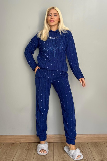 Lacivert Hi Beautiful Desenli Kapşonlu Peluş Polar Pijama Takımı - 5