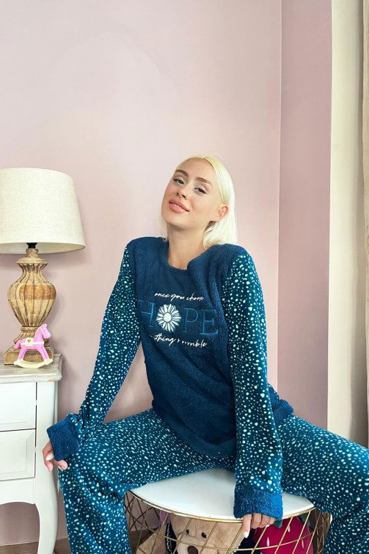 Lacivert Hope Desenli Kadın Peluş Pijama Takımı - Pijamaevi (2)