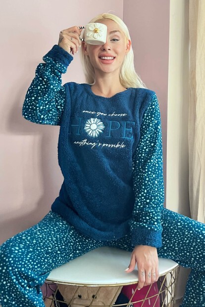 Lacivert Hope Desenli Kadın Peluş Pijama Takımı - 6