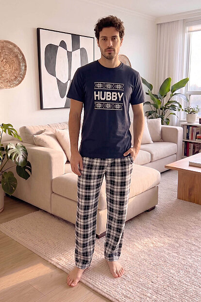 Lacivert Hubby Kısa Kol Sevgili Aile Pijaması - Erkek Takımı - 5