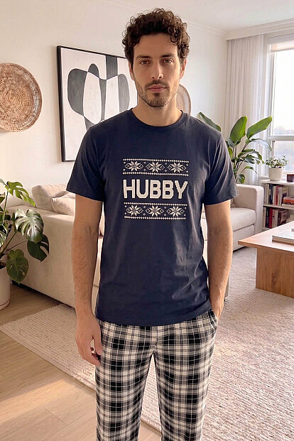 Lacivert Hubby Kısa Kol Sevgili Aile Pijaması - Erkek Takımı - 6