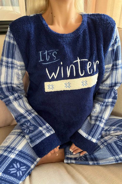 Lacivert It's Winter Desenli Kadın Peluş Pijama Takımı - 4