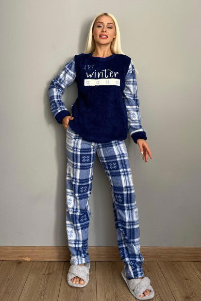 Lacivert It's Winter Desenli Kadın Peluş Pijama Takımı - 5