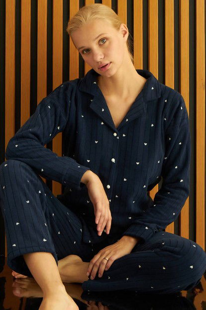 Lacivert Jantung Desenli Önden Düğmeli Peluş Polar Pijama Takımı 