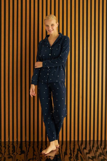 Lacivert Jantung Desenli Önden Düğmeli Peluş Polar Pijama Takımı - 2