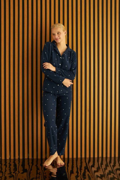 Lacivert Jantung Desenli Önden Düğmeli Peluş Polar Pijama Takımı - 3
