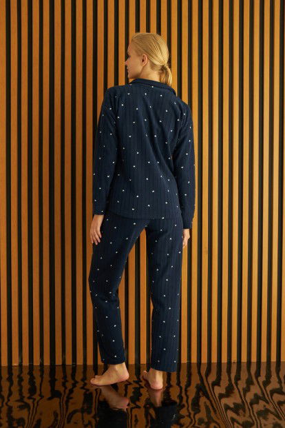 Lacivert Jantung Desenli Önden Düğmeli Peluş Polar Pijama Takımı - 5