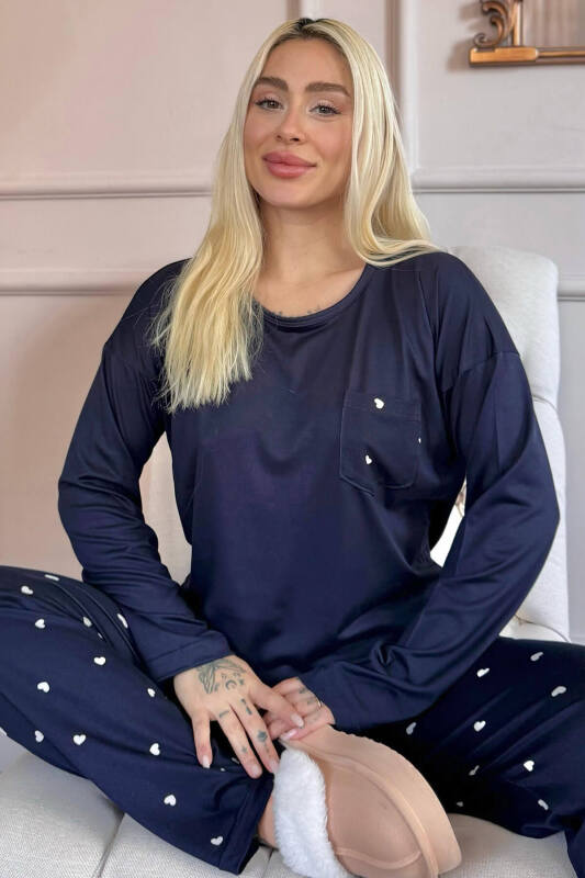 Lacivert Kalp Desenli Bambu Uzun Kol Kadın Pijama Takımı - Pijamaevi