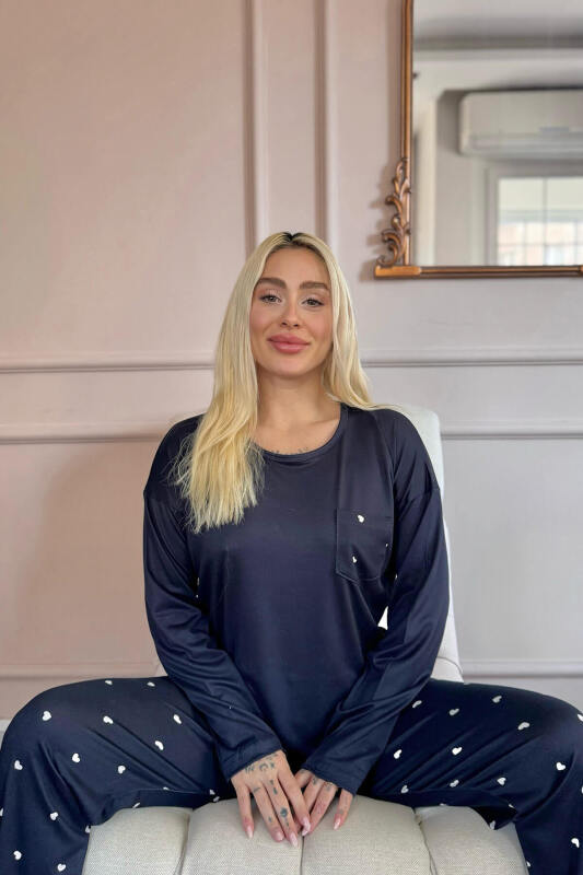 Lacivert Kalp Desenli Bambu Uzun Kol Kadın Pijama Takımı - Pijamaevi (2)