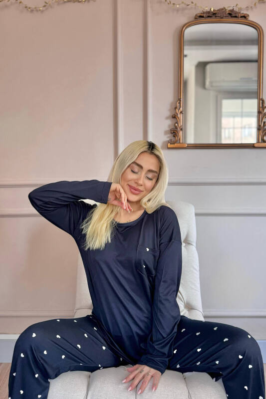 Lacivert Kalp Desenli Bambu Uzun Kol Kadın Pijama Takımı - Pijamaevi (3)