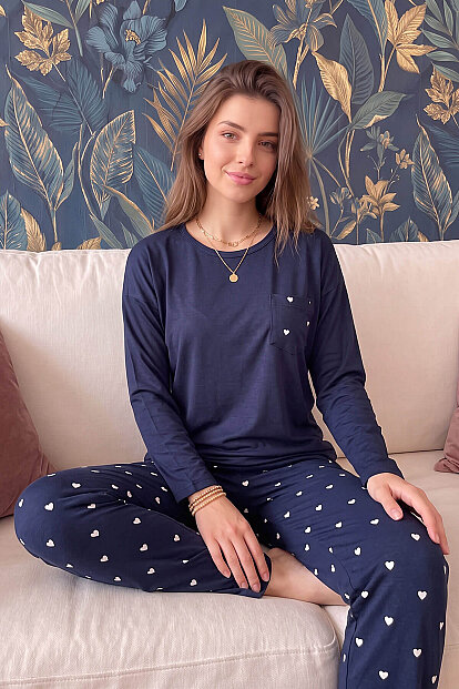 Lacivert Kalp Desenli Bambu Uzun Kol Kadın Pijama Takımı - 3