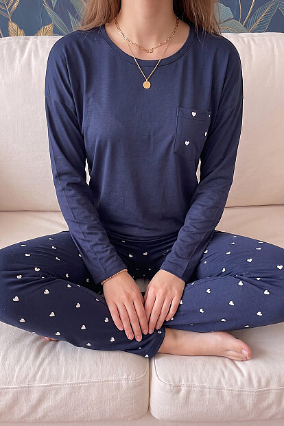Lacivert Kalp Desenli Bambu Uzun Kol Kadın Pijama Takımı - 5