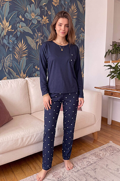 Lacivert Kalp Desenli Bambu Uzun Kol Kadın Pijama Takımı - 7