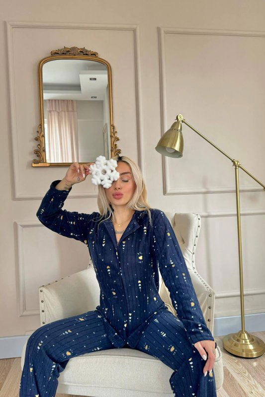 Lacivert Kalp Desenli Önden Düğmeli Peluş Polar Pijama Takımı - Pijamaevi (2)