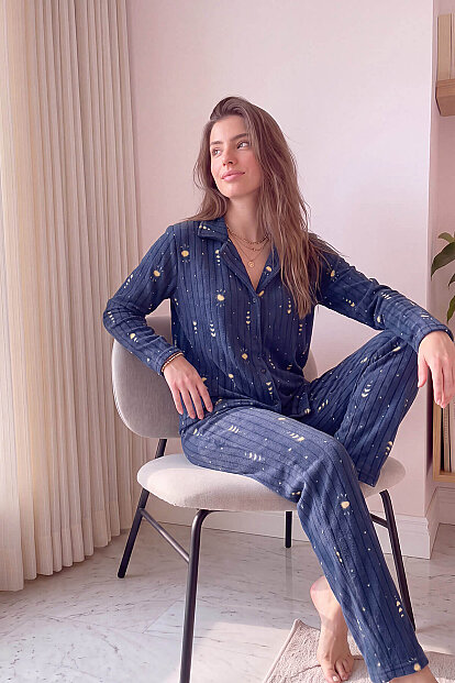 Lacivert Kalp Desenli Önden Düğmeli Peluş Polar Pijama Takımı - 2