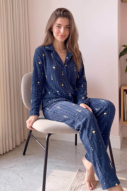 Lacivert Kalp Desenli Önden Düğmeli Peluş Polar Pijama Takımı - 4