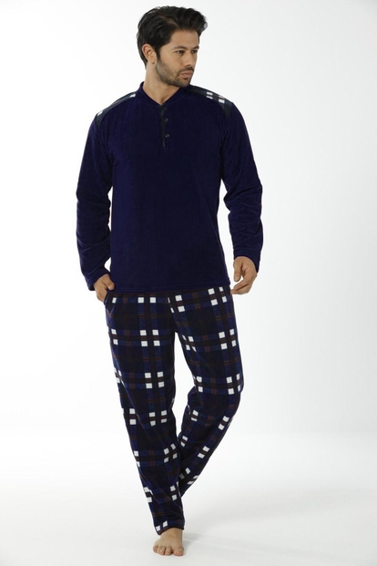 Lacivert Kareli Erkek Polar Pijama Takımı - 1