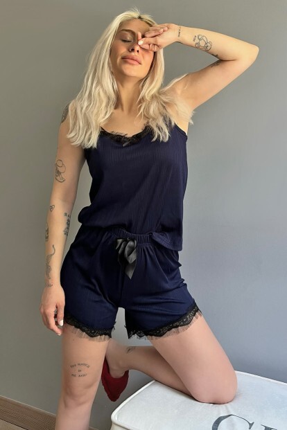 Lacivert Kaşkorse Dantel Detaylı İp Askı Şortlu Örme Pijama Takımı - 5