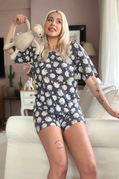 Lacivert Kedi Baskılı Şortlu Kadın Pijama Takımı - 1