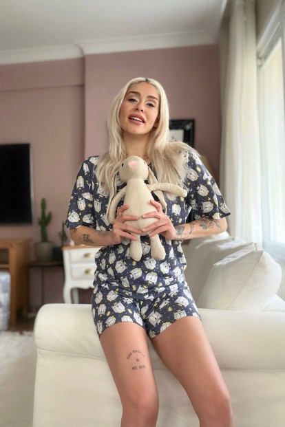 Lacivert Kedi Baskılı Şortlu Kadın Pijama Takımı - 3