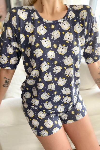 Lacivert Kedi Baskılı Şortlu Kadın Pijama Takımı - 4