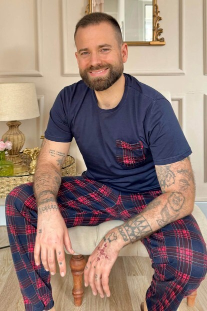 Lacivert Kırmızı Ekose Cep Detay Ekose Kısa Kollu Erkek Pijama Takımı - 6