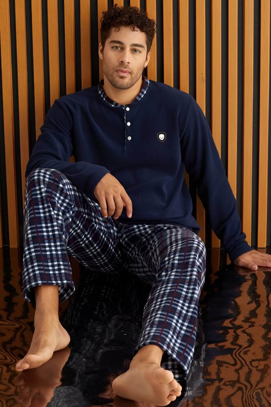 Lacivert Kırmızı Ekose Desenli Polar Erkek Pijama Takımı - Pijamaevi