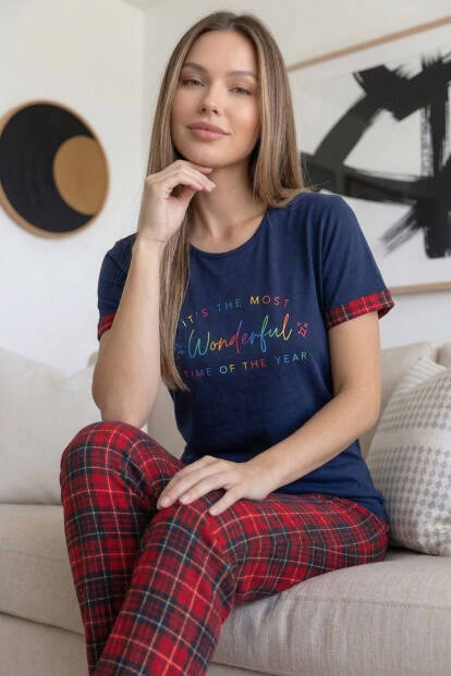 Lacivert Kırmızı Wonderful Desenli Bambu Kısa Kol Kadın Pijama Takımı 