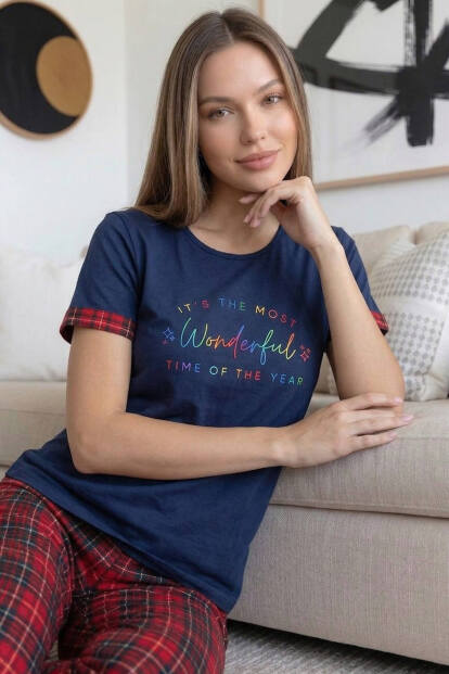 Lacivert Kırmızı Wonderful Desenli Bambu Kısa Kol Kadın Pijama Takımı - 2