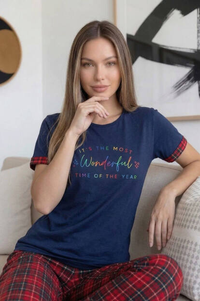 Lacivert Kırmızı Wonderful Desenli Bambu Kısa Kol Kadın Pijama Takımı - 3