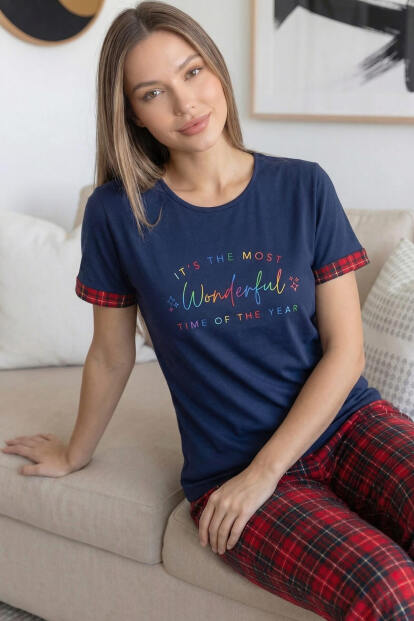 Lacivert Kırmızı Wonderful Desenli Bambu Kısa Kol Kadın Pijama Takımı - 4