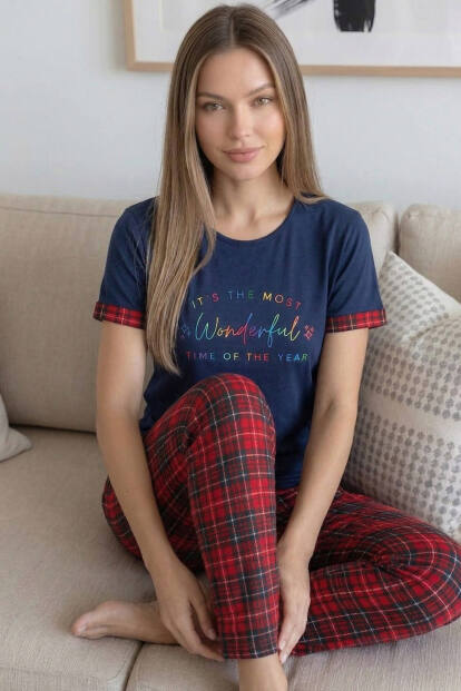 Lacivert Kırmızı Wonderful Desenli Bambu Kısa Kol Kadın Pijama Takımı - 5