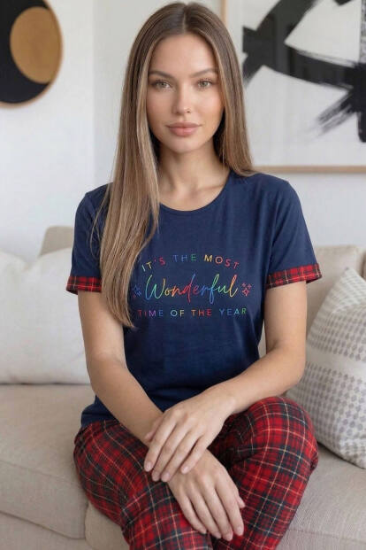 Lacivert Kırmızı Wonderful Desenli Bambu Kısa Kol Kadın Pijama Takımı - 6