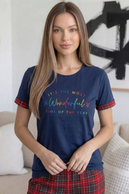 Lacivert Kırmızı Wonderful Desenli Bambu Kısa Kol Kadın Pijama Takımı - 7