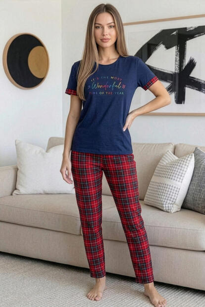 Lacivert Kırmızı Wonderful Desenli Bambu Kısa Kol Kadın Pijama Takımı - 8