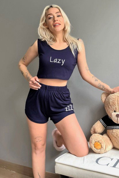 Lacivert Lazy Baskılı Crop Örme İp Askı Şortlu Pijama Takımı - 1