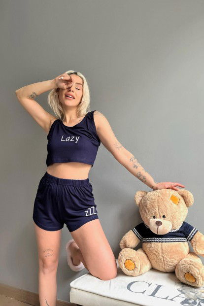 Lacivert Lazy Baskılı Crop Örme İp Askı Şortlu Pijama Takımı - 2