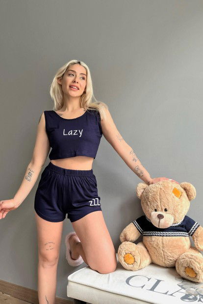 Lacivert Lazy Baskılı Crop Örme İp Askı Şortlu Pijama Takımı - 3