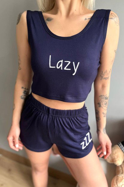 Lacivert Lazy Baskılı Crop Örme İp Askı Şortlu Pijama Takımı - 4