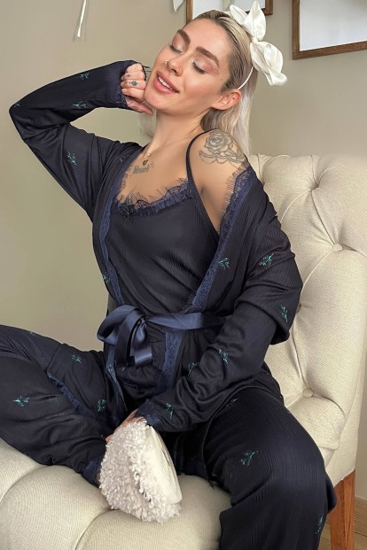 Lacivert Leaf Desenli Sabahlıklı Pegasus Pijama Takımı - 1
