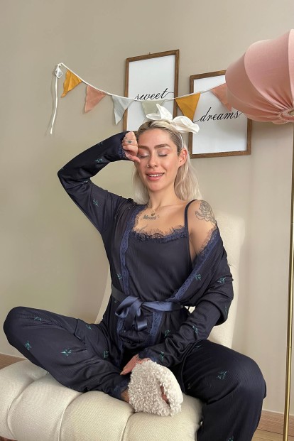 Lacivert Leaf Desenli Sabahlıklı Pegasus Pijama Takımı - 2
