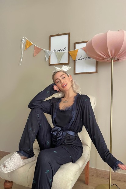 Lacivert Leaf Desenli Sabahlıklı Pegasus Pijama Takımı - 3