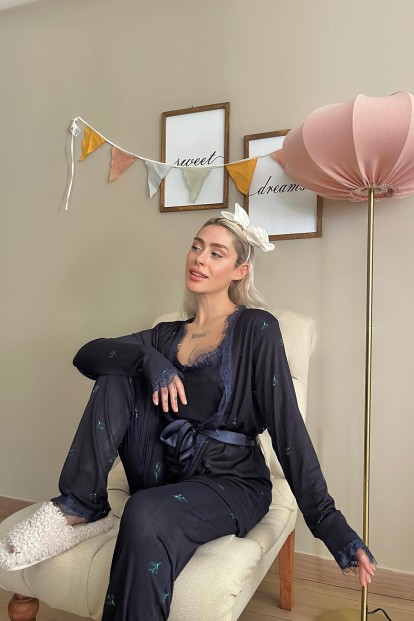 Lacivert Leaf Desenli Sabahlıklı Pegasus Pijama Takımı - 4
